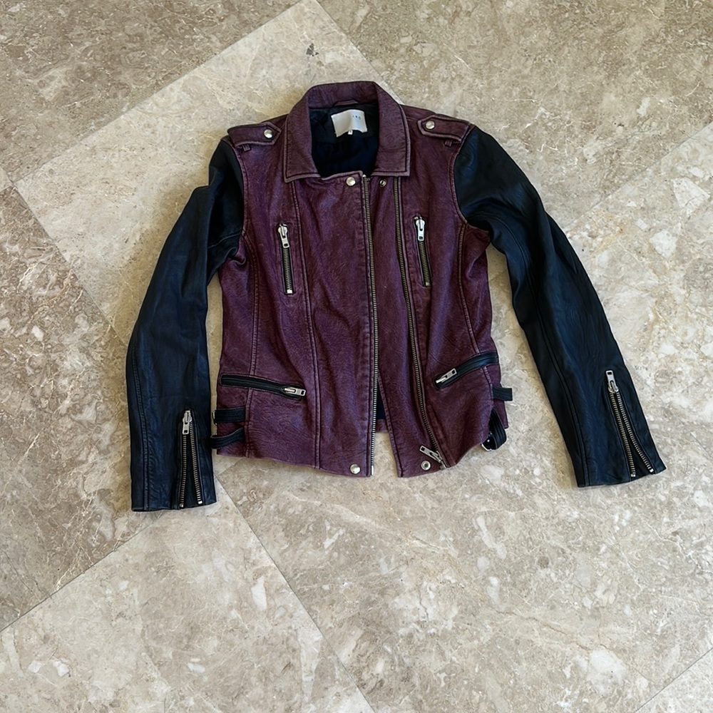 IRO purple and black lamb leather bomber moto jacket size 3